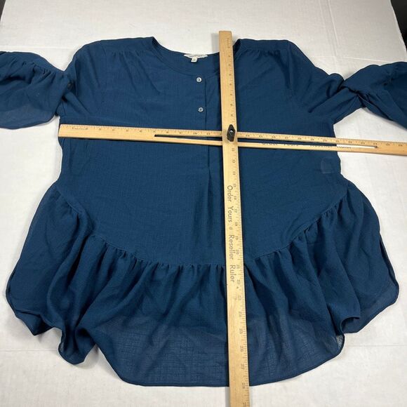 Max Studio Henley Peplum Blouse Blue Ruffled Bell Sleeve Peasant Flowy Shirt L - Picture 5 of 10